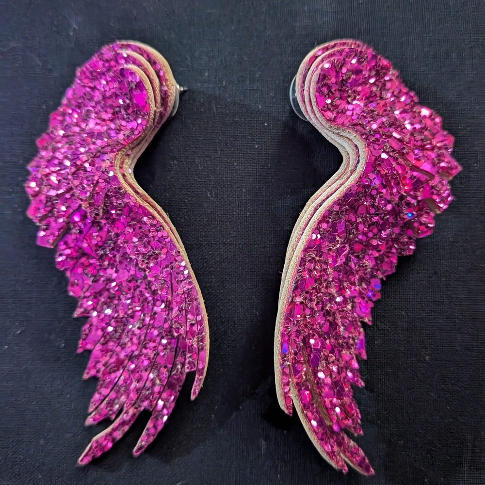Glamorous Fuchsia Glitter Wing Earrings